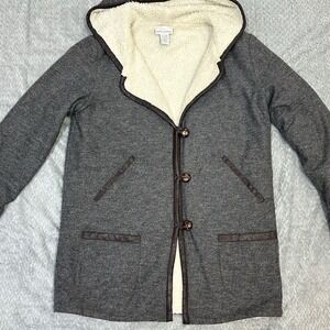 Soft Surroundings Gray Wool Coat Sherpa Lined Hooded Jacket‎ Womens Size Small